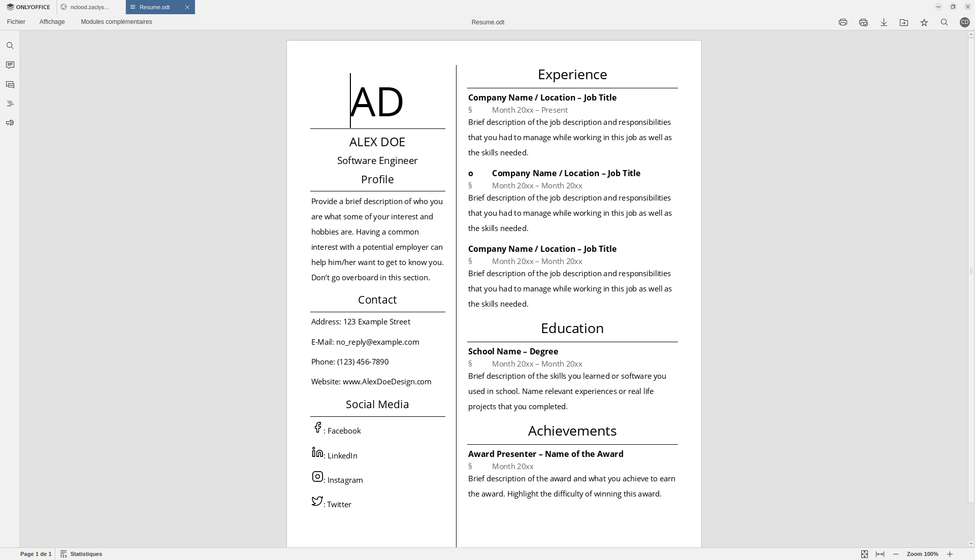 Le document ouvert dans OnlyOffice, sans les barres d'outils.
