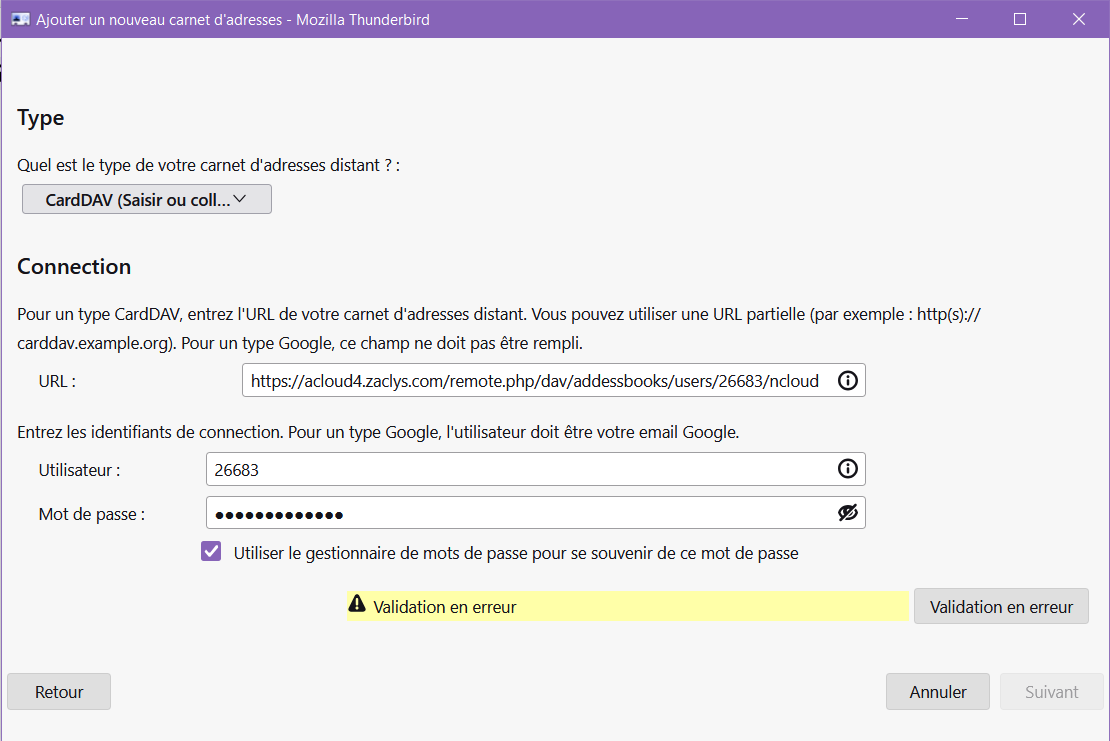 Erreur de validation