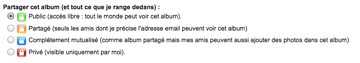 Capture d'écran de la fonction "partager" pour les albums photos Zaclys